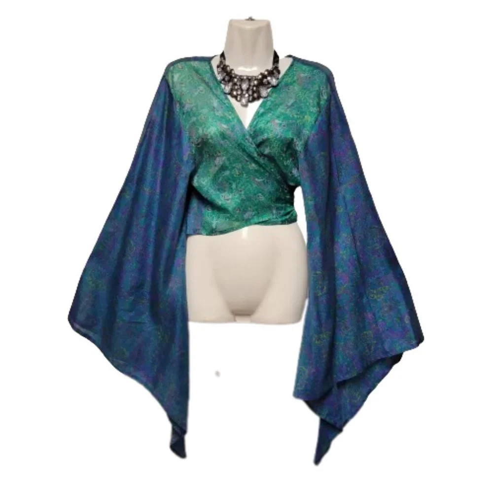 SILK Bolero Top Crop Top Coverup Silk Blazer Short Jacket Butterfly Sleeve Top L - Picture 8 of 10